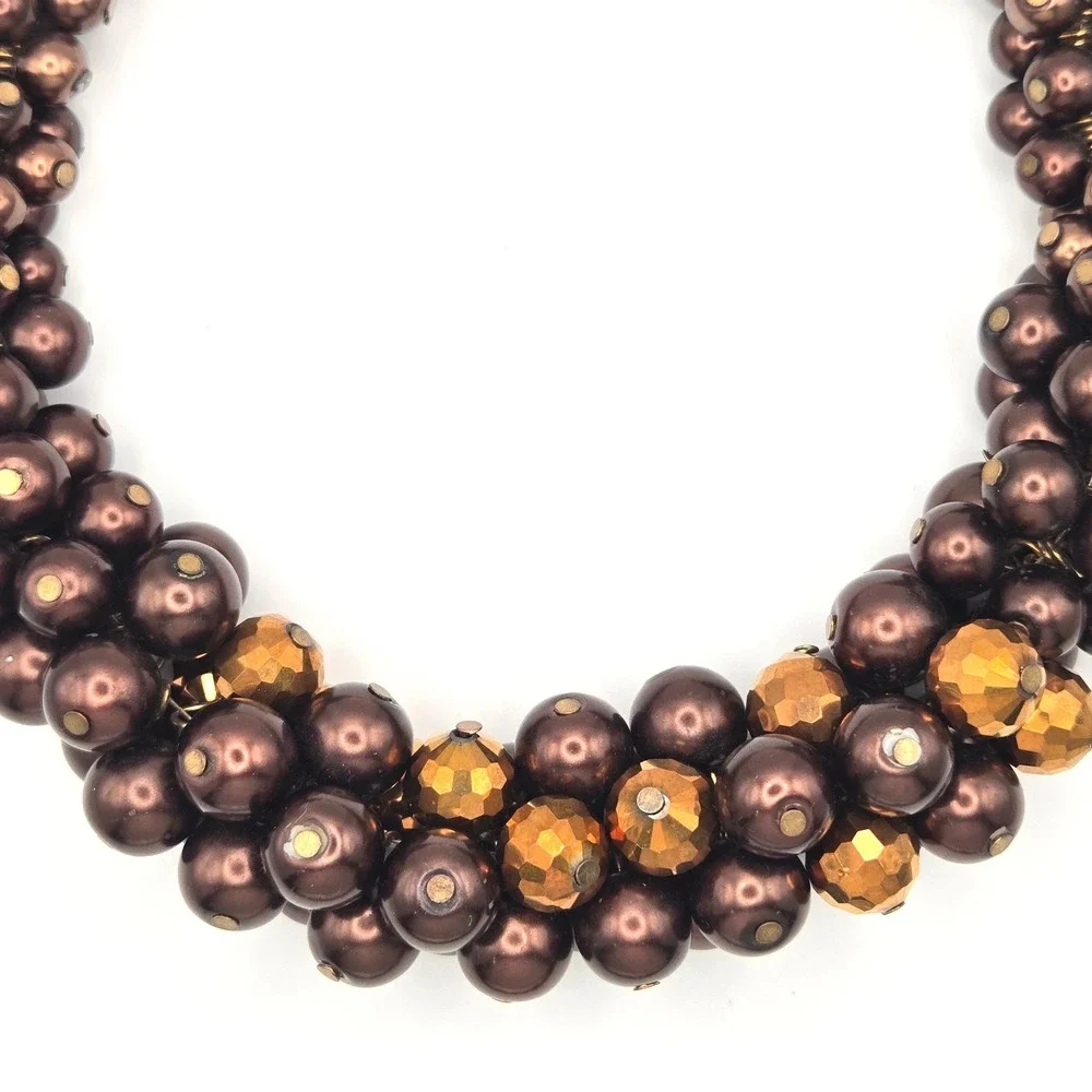 Ethel & Myrtle Chocolate‎ Faux Pearl and Gold Faceted Bead Cluster Bib Necklace